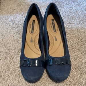 Clarks Navy Suede Wedge Pumps with Patent Trim